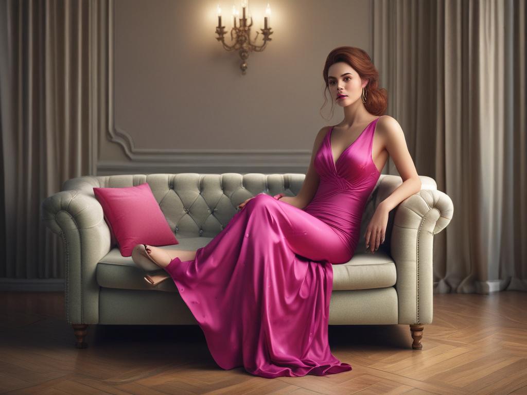 A beautiful, elegant woman in a stylish evening gown, sitting