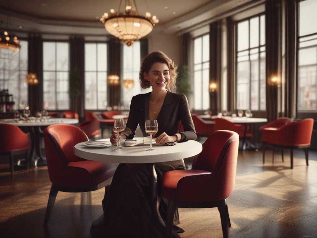 An elegant woman dressed in a chic outfit, seated at