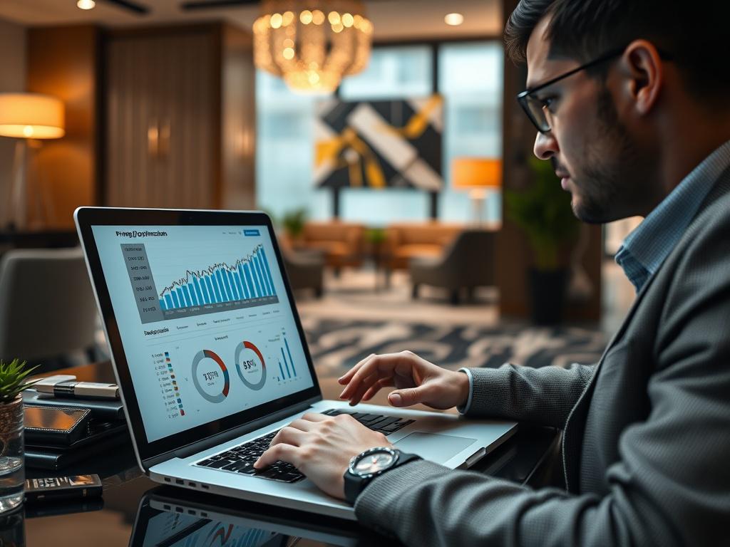 A close up shot of a hotel manager analyzing data