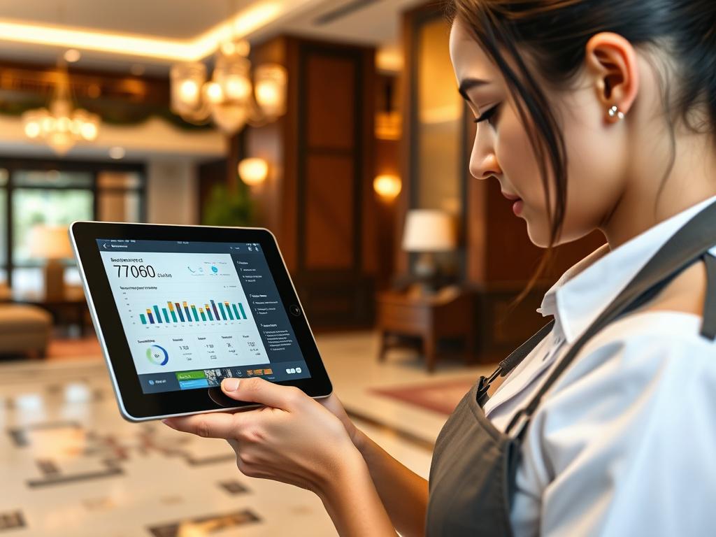 A close up shot of a hotel staff member using