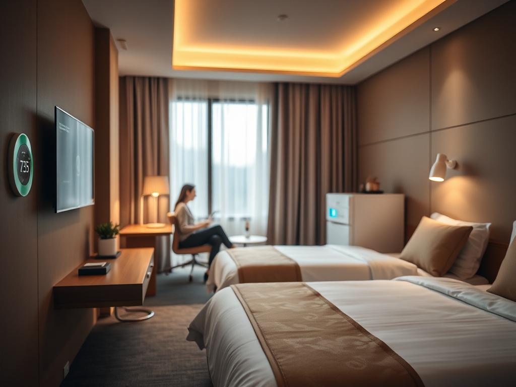 A serene hotel room featuring IoT enabled devices like smart