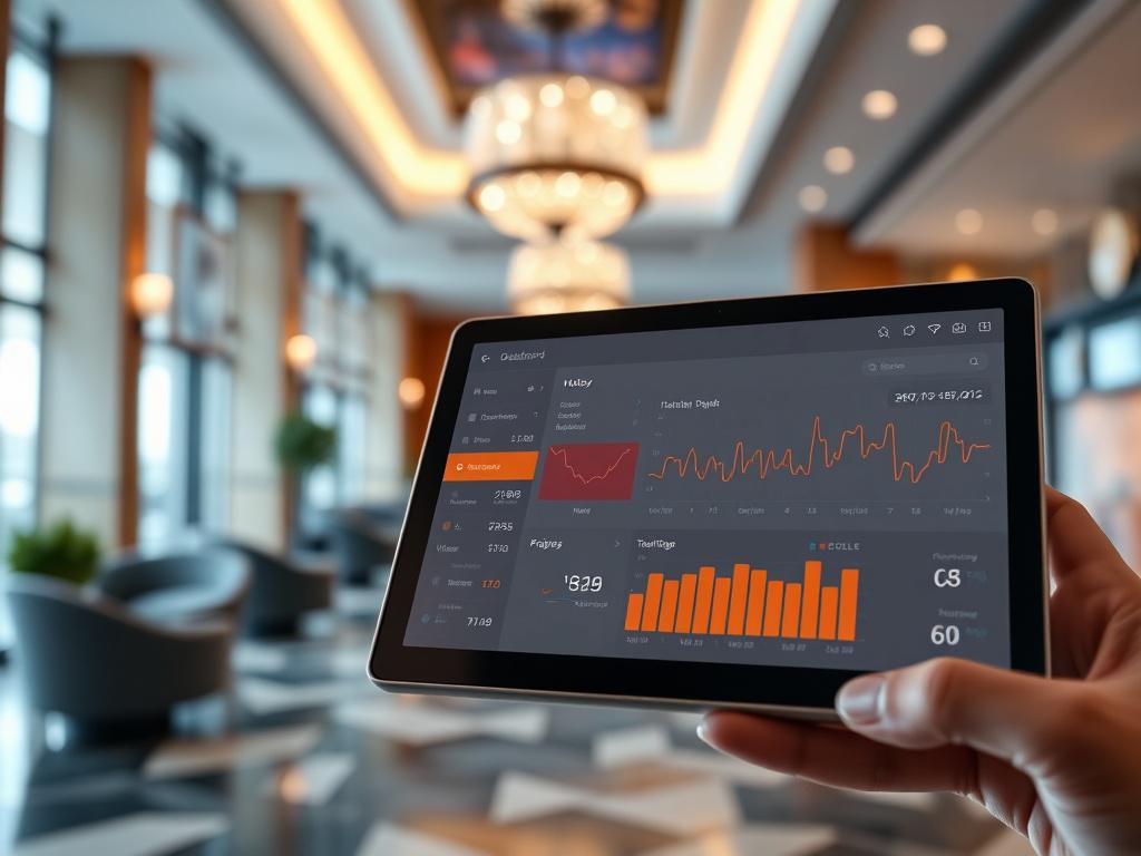 A close up of a modern hotel management dashboard displayed