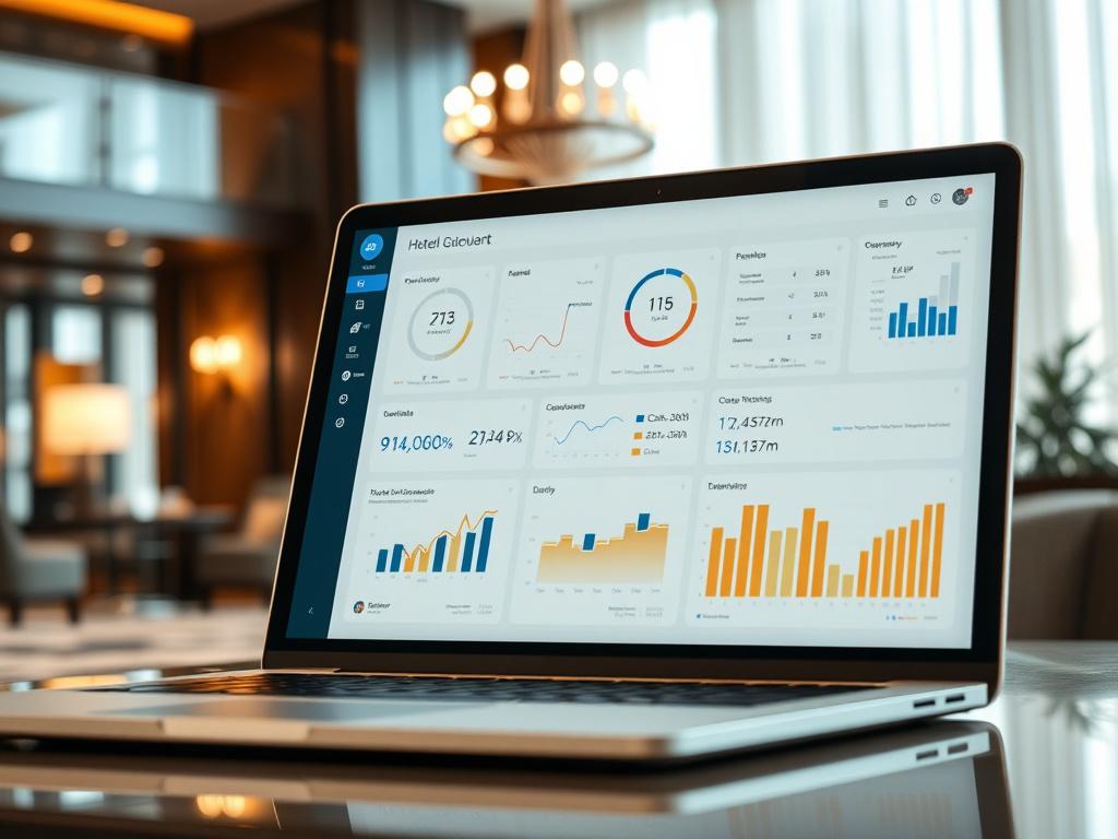 A close up shot of a sleek hotel management dashboard