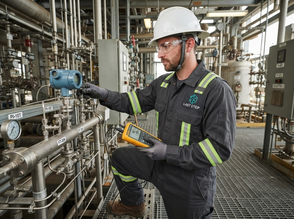 Instrumentation technician calibrating a pressure transmitter at an industrial plant