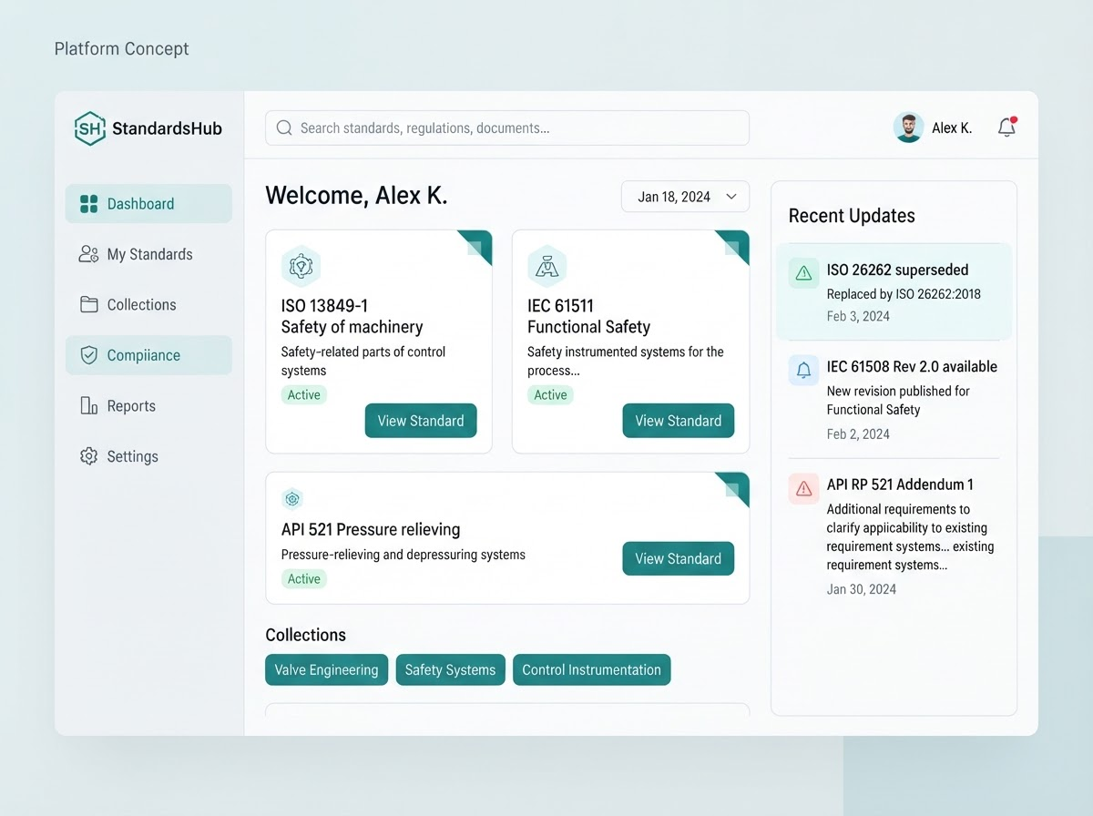 Last Step Standards Platform dashboard showing standards library search, collections, and revision alerts