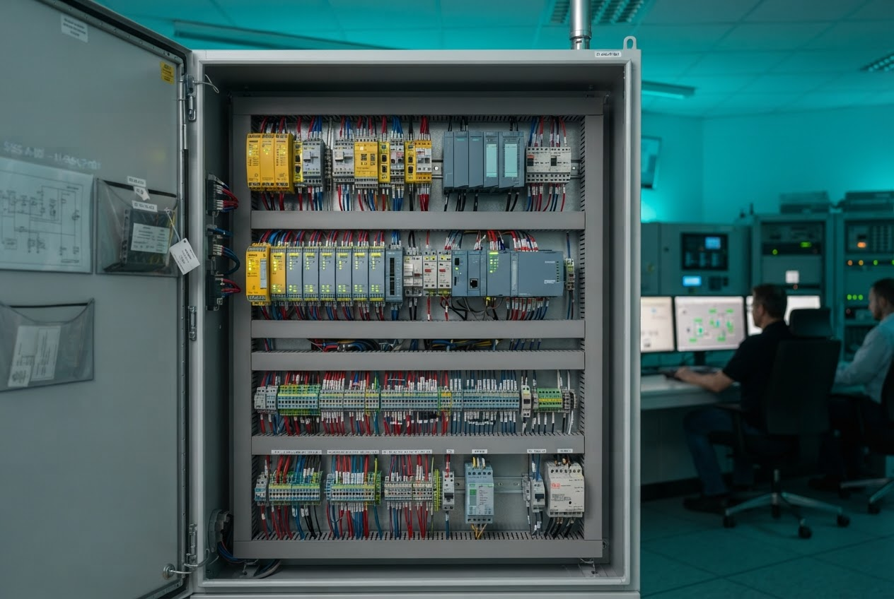 Safety instrumented system control cabinet with neatly wired relays and safety modules