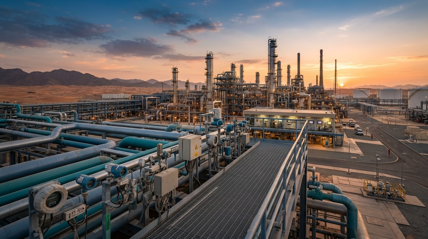 Industrial process plant with pipelines, transmitters and control instrumentation