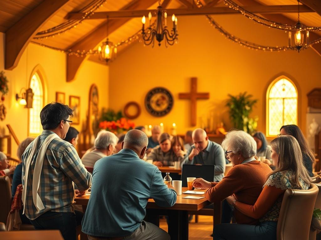 A cozy church gathering scene with soft golden lighting, featuring a diverse group of people engaged in games and discussions. The background shows warm-colored decorations, comfortable seating, and a relaxed atmosphere that invites community and connection.