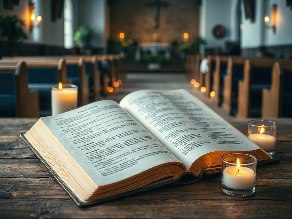 **Prompt for AI Image Generator:**

Create a realistic high-resolution photo centered around a single subject representing a "Daily Devotional." The image should feature an open Bible with soft, worn pages, resting on a rustic wooden table. The Bible should be well-lit, showcasing its inviting and warm character. Surrounding the Bible, include a few delicate prayer candles in glass holders, softly illuminated to create a calming ambiance. 

In the background, have a faint view of a cozy church interior ador