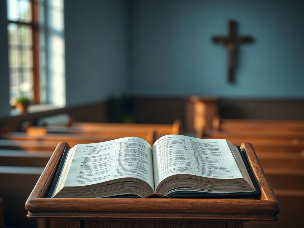 **Prompt for AI Image Generation:**

Create a realistic high-resolution photo that reflects the theme of a family-oriented Wesleyan church environment, specifically for Friendship Wesleyan Church. The image should prominently feature a warm and inviting interior of a church. The composition should be simple and clear, focusing on a single subject—an open Bible placed on a wooden lectern.

The Bible should be open to a page with readable text, symbolizing prayer and reflection. Soft, natural light should str