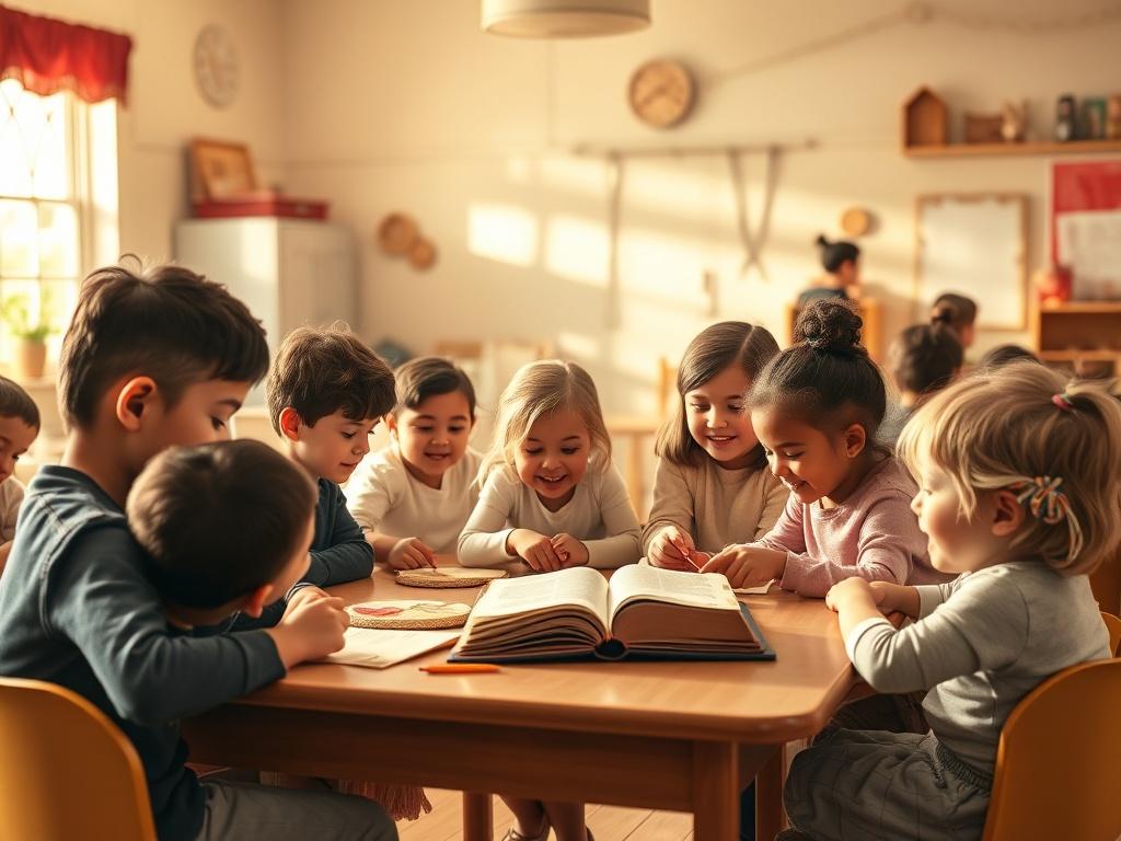 A cozy, high-resolution image of a classroom filled with children engaged in fun activities, learning about the Wesleyan faith. The scene should be warm and inviting, with soft golden hues and gentle lighting. Children of diverse backgrounds are happily participating in crafts, reading Bible stories, and playing together, creating a sense of community and joy.