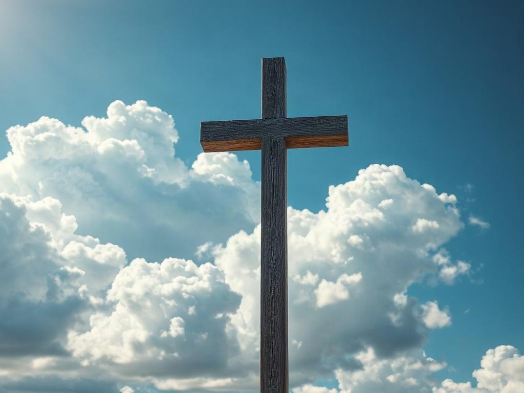 Create a realistic high-resolution photo featuring a solitary church cross prominently positioned in the center of the composition. The cross should be made of weathered wood, showcasing natural textures and a rustic appearance. The background should be a serene sky filled with bright, fluffy clouds that evoke a sense of peace and spirituality. The light should emanate from the upper left corner, casting a gentle glow on the cross and creating soft shadows that enhance its three-dimensional quality. The ove