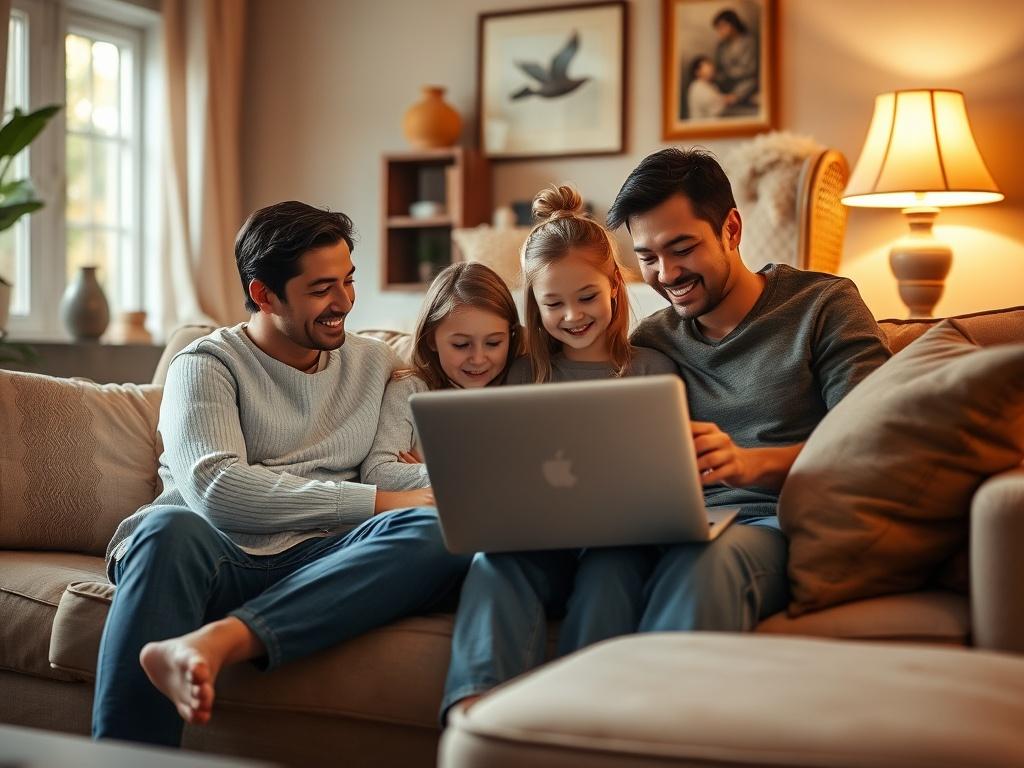 A serene and inviting living room setting with soft lighting. The focus is on a cozy couch with a family gathered around a laptop, engaging in a virtual worship service. The room is filled with warm golden hues, soft cushions, and a gentle atmosphere, evoking a sense of community and connection. The background features tasteful decor that reflects a homey, welcoming vibe.