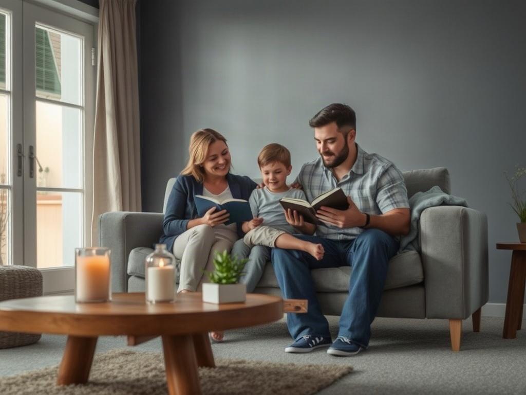Create a realistic high-resolution photo for a blog titled "September 2nd Daily Devotional." The composition should be simple and clear, featuring a single subject: a heartwarming scene of a family gathered in a cozy living room. The family consists of three members—a mother, father, and a young child—sitting together on a comfortable sofa, holding a Bible open on their laps. 

The background should depict a warmly lit room with soft gray walls and rich blue accents, creating an inviting atmosphere. Include