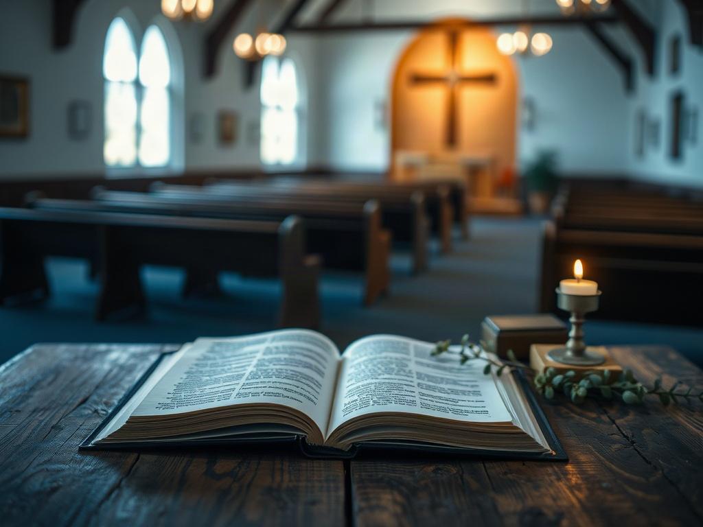 Create a realistic high-resolution photo depicting a serene devotional scene for a blog titled "September 3rd 2026 Daily Devotional." The composition should be simple and clear, featuring a single subject: an open Bible resting on a rustic wooden table. The Bible should be elegantly placed, with its pages slightly turned, suggesting engagement and reflection. 

In the background, incorporate a soft-focus image of a warm, inviting church interior that reflects the essence of Friendship Wesleyan Church. Use c