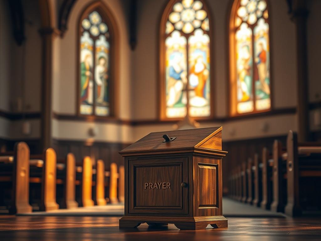 A serene and inviting church interior, softly lit with warm golden hues. A single wooden prayer request box sits prominently in the foreground, symbolizing the act of prayer and community support. The background features stained glass windows, casting gentle colors onto the walls, creating a peaceful and reflective atmosphere.