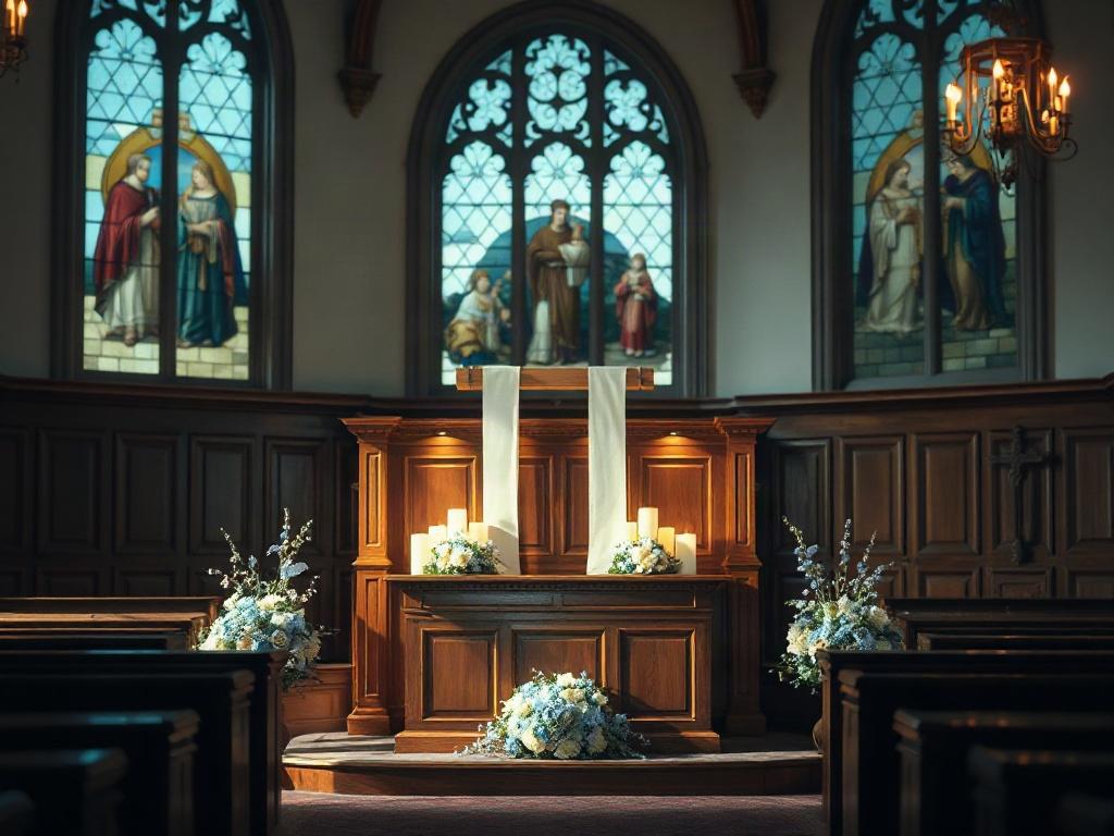 **Prompt for AI Image Generator:**

Create a realistic high-resolution photo that captures the essence of a Daily Devotional dated August 31st, 2026, representing the theme of Friendship Wesleyan Church. The composition should be simple and clear, featuring a single subject: a serene and inviting interior of a church, showcasing a prayer space. 

The subject should be an elegant wooden prayer altar adorned with gentle candlelight, symbolizing warmth and spirituality. Surround the altar with tasteful decorat
