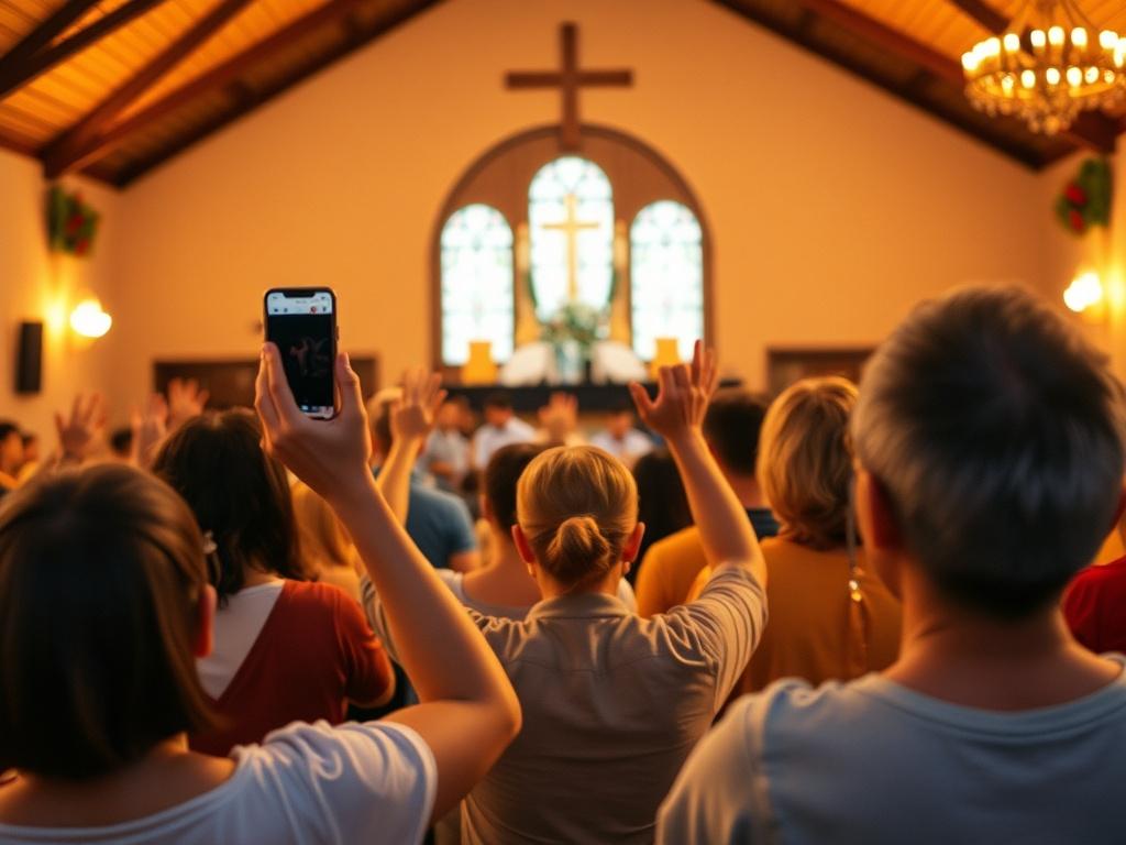 A vibrant scene showcasing a worship service being live streamed,