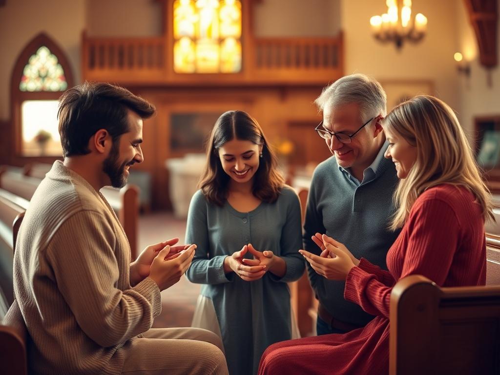 A warm family gathering in a cozy church environment. The scene shows a family of four engaged in a prayer circle, with soft golden lighting illuminating their smiles. The background features a serene church interior with wooden pews and gentle decor, creating a welcoming atmosphere. The color palette should reflect cozy golden hues, emphasizing the warmth of family and faith.