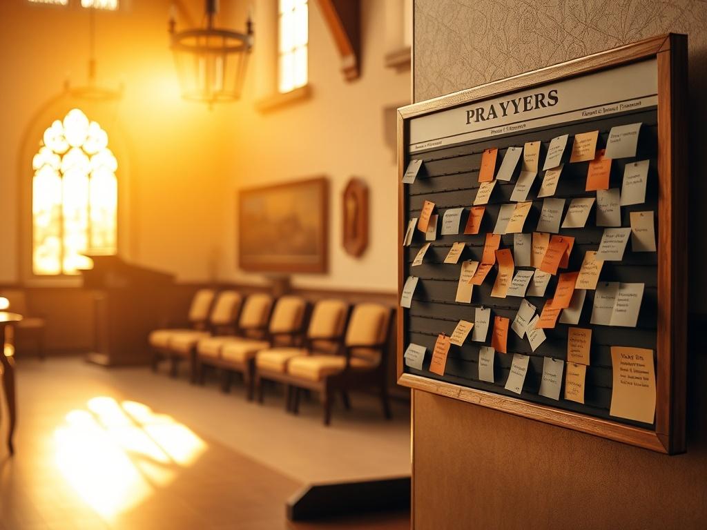 A serene prayer space in a church, bathed in soft golden light. The focus is on a prayer request board filled with colorful notes, symbolizing the community's prayer intentions. In the background, a cozy seating area invites individuals to pause and reflect. The warm hues create an atmosphere of peace and hope, embodying the essence of prayer and support.
