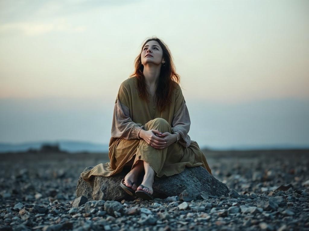 Create a realistic high-resolution photo that captures the essence of daily devotionals, particularly reflecting the profound themes present in the passage from August 30th, 2026. The composition should be simple and clear, focusing on one central subject: a serene and tranquil woman, representing Hagar, seated on a rock in a desolate wilderness landscape.

The woman should have an expression of contemplation and peace, with her eyes gently gazing upward as if encountering a divine presence. She should be d