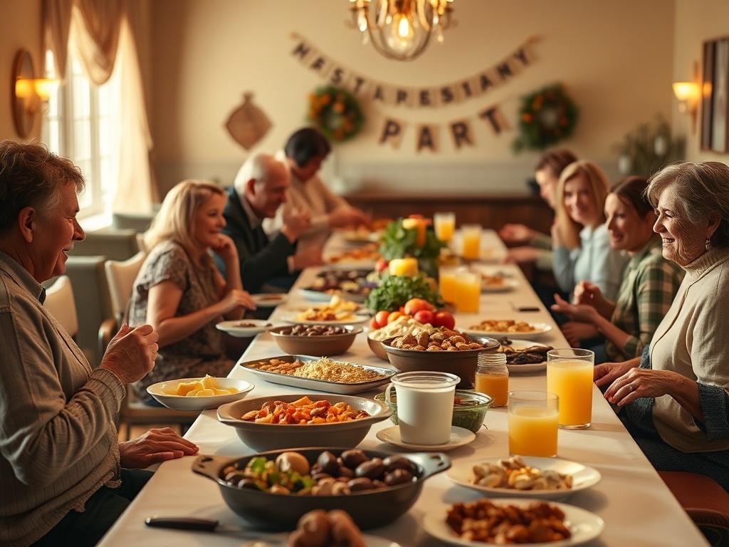 A warm, inviting setting showcasing a long table filled with various homemade dishes, desserts, and drinks. Soft lighting creates a cozy atmosphere, with church members gathered around, smiling and engaging with one another. The background features subtle decorations that reflect a community gathering, enhancing the sense of warmth and togetherness.