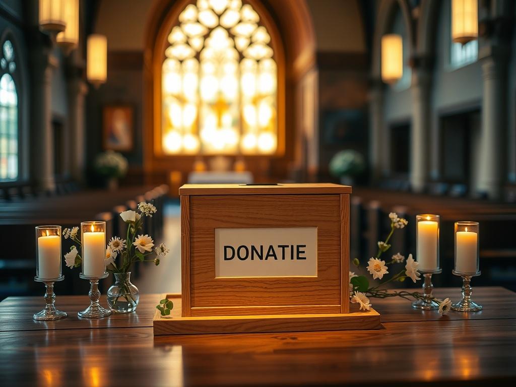 A serene and inviting image of a donation box in a church setting, with soft lighting and warm golden hues. The box should be the central focus, placed on a wooden table surrounded by gentle decorations like candles and flowers. The background should be blurred, highlighting the peaceful atmosphere, with hints of a church interior visible.