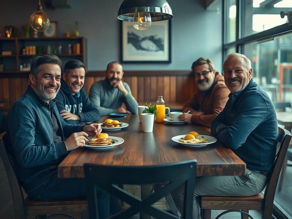 A group of five men gathered around a wooden table in a cozy restaurant, enjoying a hearty breakfast. The men are smiling and engaged in conversation, with plates of pancakes, eggs, and coffee in front of them. The background features soft lighting and warm decor, creating a welcoming atmosphere. The focus is on the camaraderie and joy of sharing a meal together.