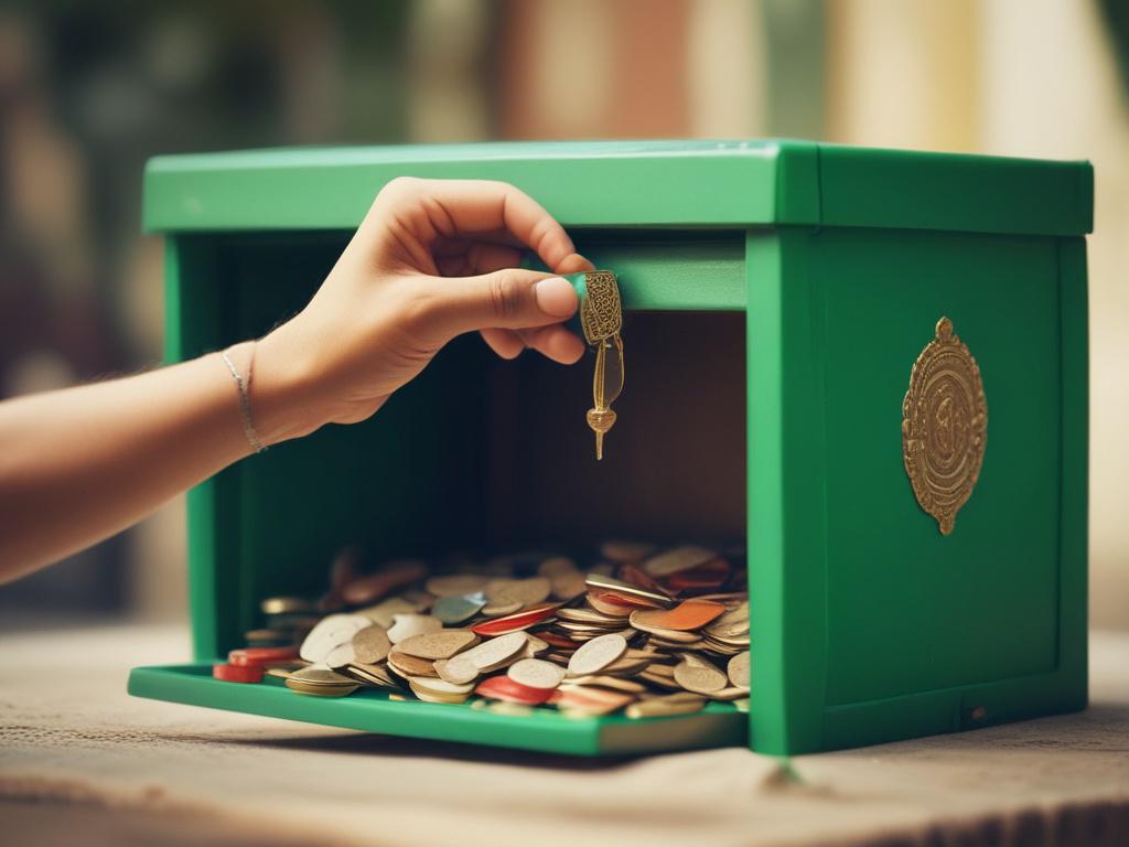 A close-up shot of a hand placing a donation in a traditional donation box at Ganesh Mandir, Ellenabad. The background is softly blurred with green tones matching rgb(50, 170, 39). The image is hyper-realistic, taken with a 45mm f/1.2 lens style, focusing sharply on the hand and donation box, symbolizing generosity and devotion.
