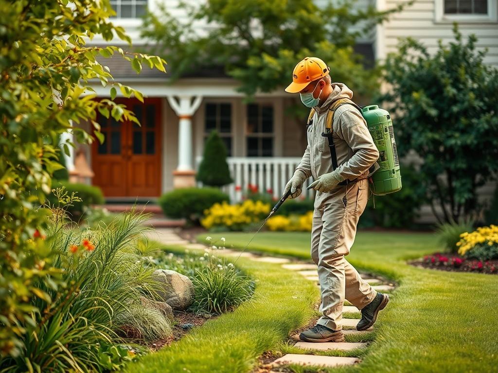 A realistic high-resolution photo of a professional pest control technician applying pest repellent in a garden setting. The technician should be wearing protective gear and focused on treating the area around a home, surrounded by lush greenery and well-maintained landscaping. The background should depict a clean, inviting exterior of a house with a manicured lawn, showcasing the harmony between pest control and landscaping. The overall tone should be earthy and natural, with warm lighting that highlights 