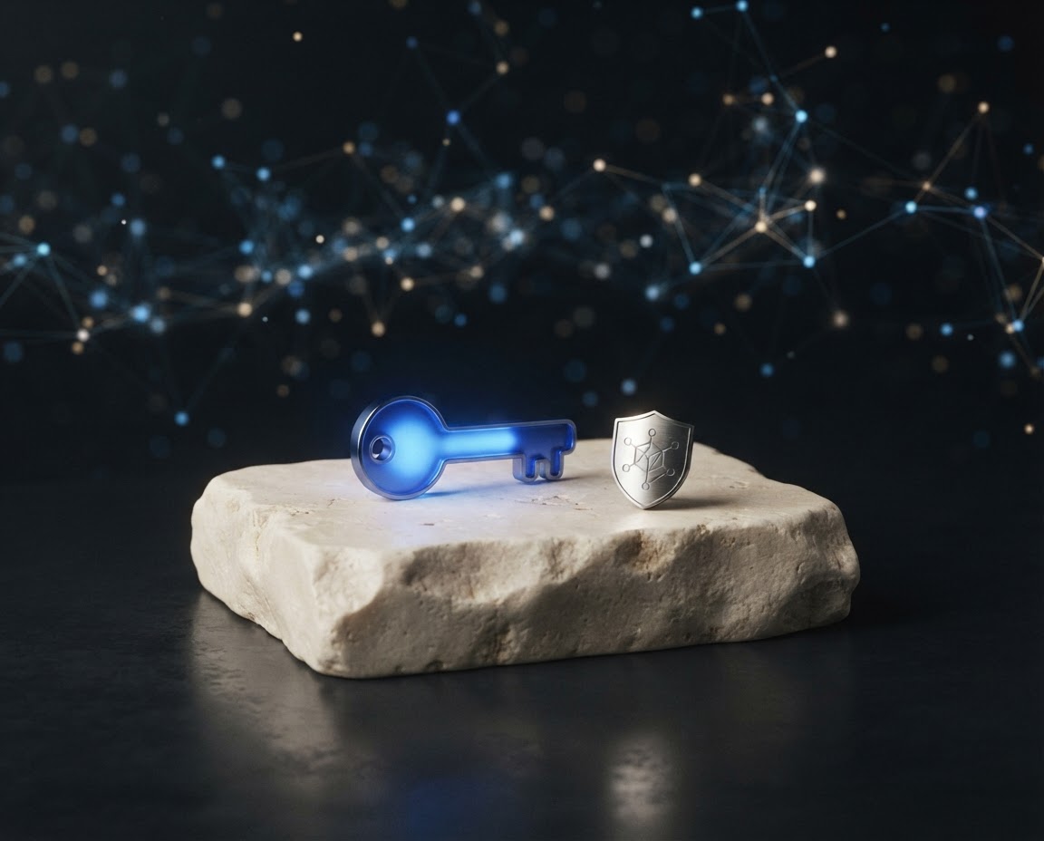 A cobalt key and polished shield on a pale stone plinth
