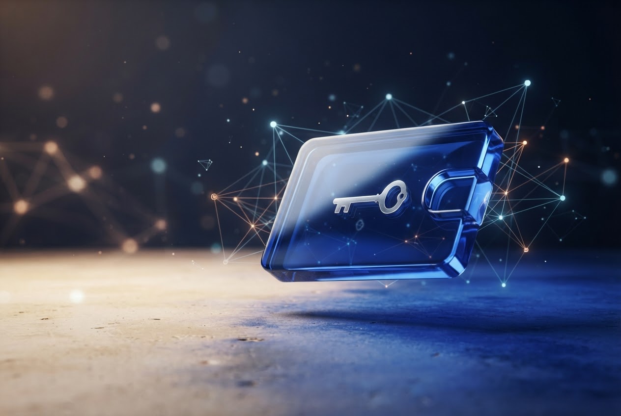 A sculptural blue digital wallet card with a silver key and abstract network lights