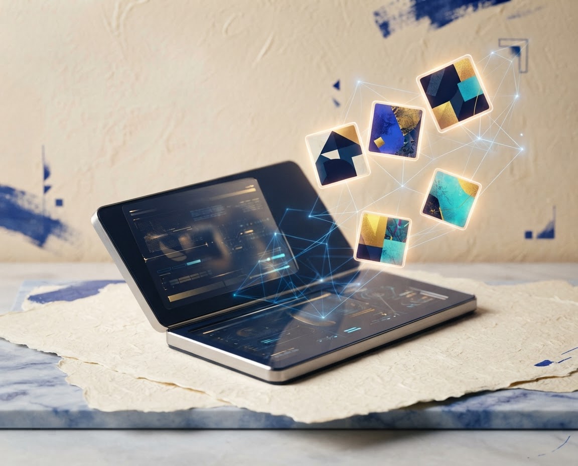 A dark digital wallet card and abstract NFT tiles on a warm background