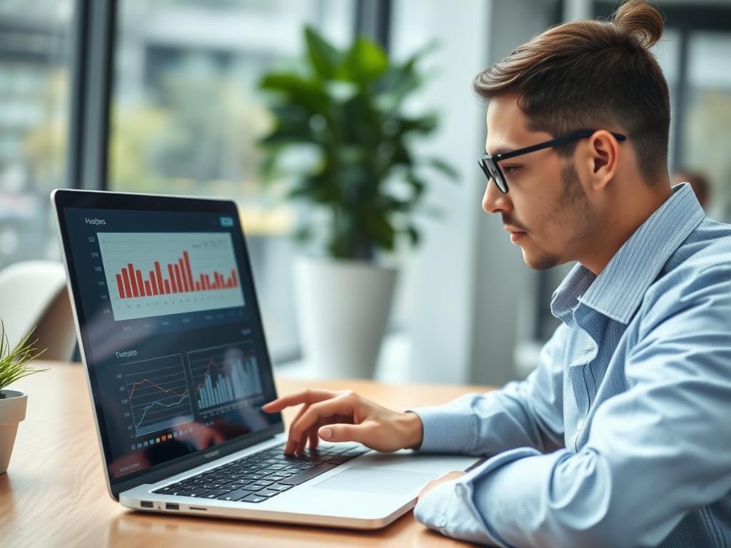 A hyper-realistic close-up shot of a marketing professional analyzing data on a laptop, with graphs and charts displayed on the screen. The background features a modern office setting with natural lighting, emphasizing a productive atmosphere. The subject is focused and engaged, showcasing a sense of dedication and professionalism. The image should be vibrant and compatible with the primary color rgb(243, 210, 80).