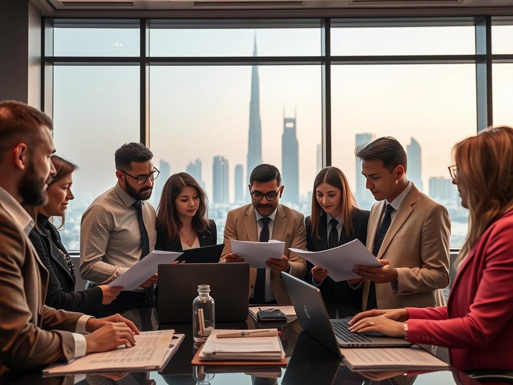 A hyper-realistic close-up shot of a diverse team of business professionals in a modern office setting, engaging in a discussion with documents and laptops open. The background features a beautifully rendered Dubai skyline through a large window, creating an atmosphere of ambition and professionalism. The image should be shot with a 45mm f/1.2 lens to emphasize the clarity of the team while softly blurring the skyline, all while incorporating the primary color rgb(243, 210, 80) subtly in their attire or off