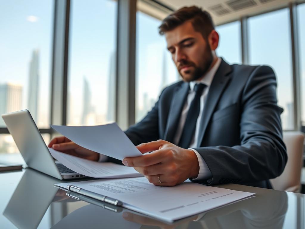 A close up shot of a business consultant reviewing documents