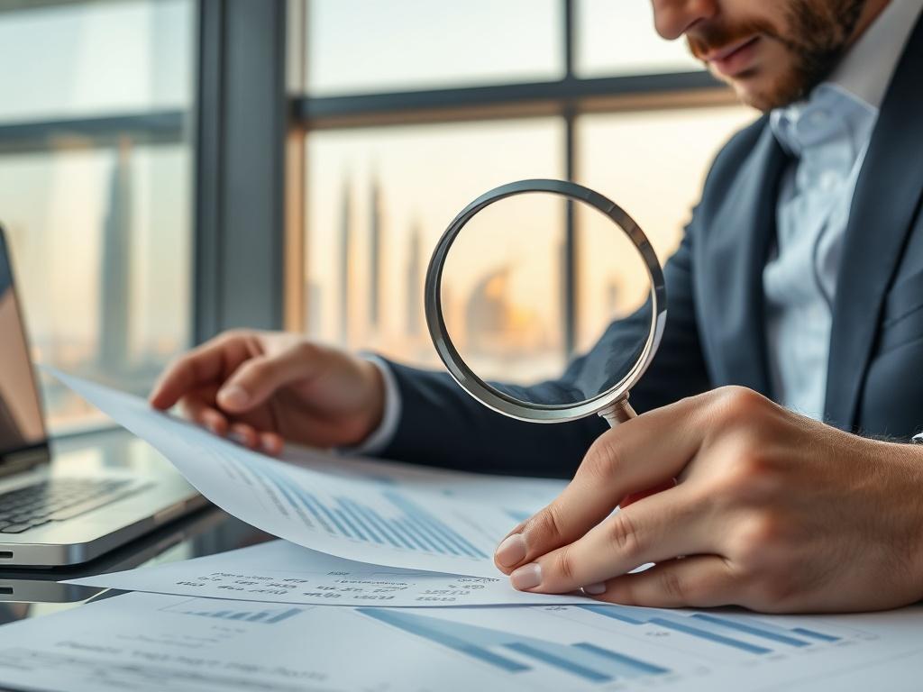 A close up shot of an auditor analyzing financial documents