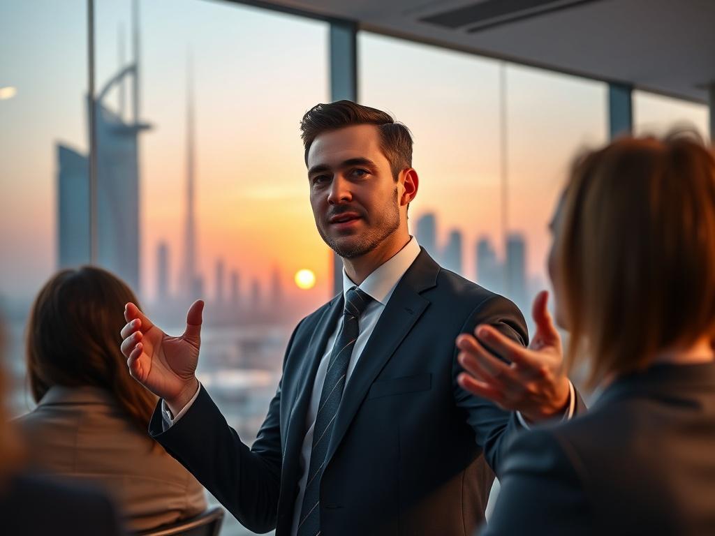 A realistic high-resolution image of a business professional confidently presenting in a modern office environment, with a backdrop of the Dubai skyline during sunset. The focus is on the individual, dressed in business attire, engaging with an audience, showcasing professionalism and innovation. The lighting is warm and inviting, highlighting the determination and ambition of the character.