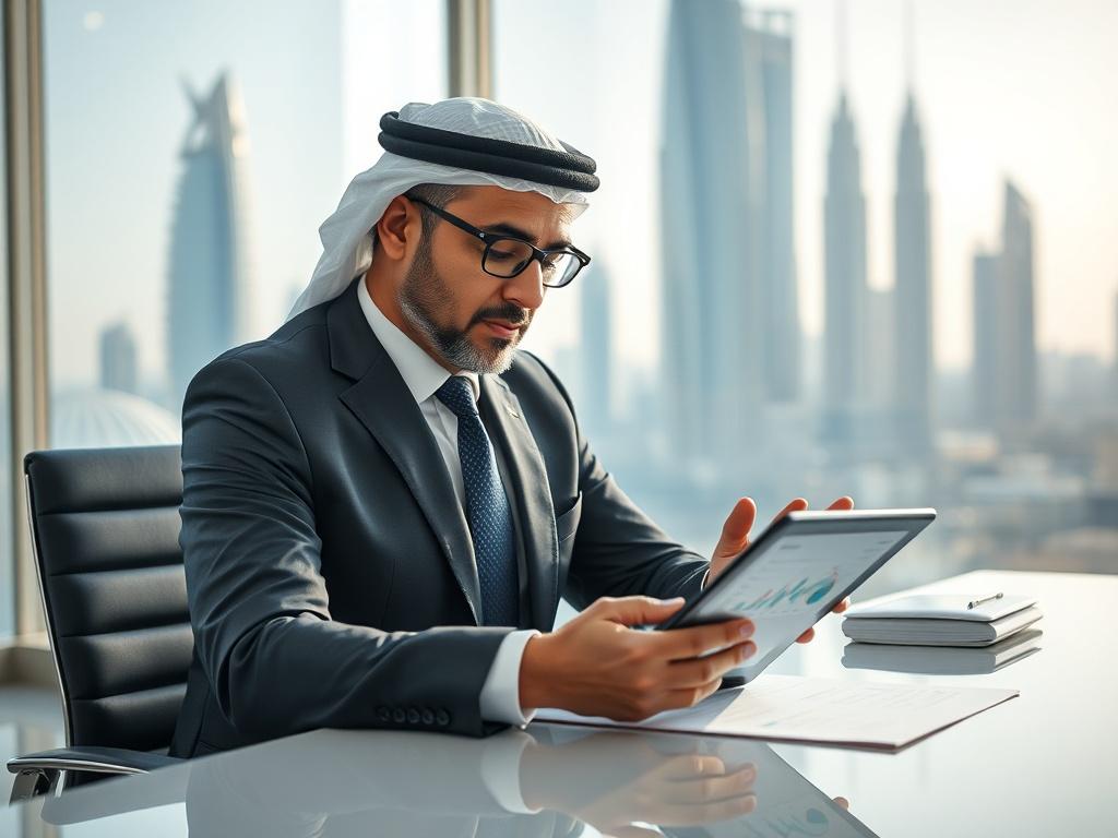 Create a highly detailed, realistic high-resolution photo that encapsulates the theme of "Essential Steps for Business Setup in Dubai." The composition should feature a single, focused subject: a professional consultant, a middle-aged Middle Eastern man, dressed in a smart business suit, engaging with a digital tablet in an office setting. He is seated at a sleek, modern desk with Dubai's iconic skyline subtly visible through a large window in the background, showcasing a blend of contemporary and tradition