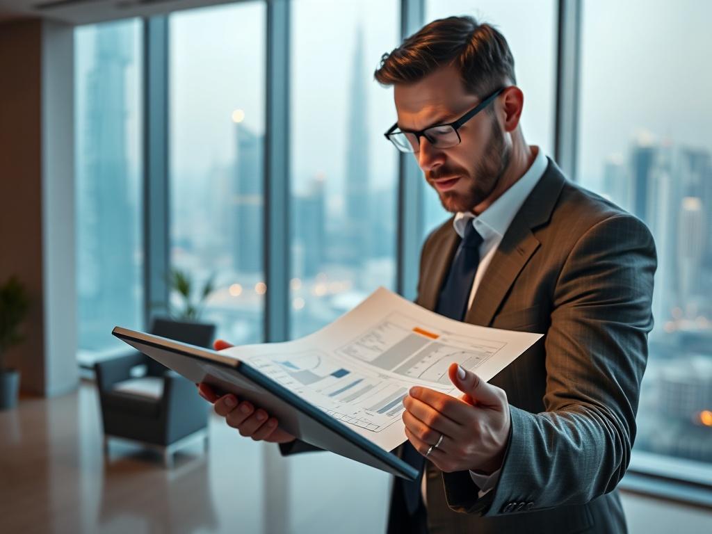 A close-up shot of a focused business consultant reviewing project plans on a digital tablet. The background features a sleek, modern office environment with a view of the Dubai skyline in soft focus. The lighting highlights the consultant's engaged expression, showcasing the professionalism and dedication of project management. The image conveys a sense of clarity and organization, with warm tones that resonate with the primary color rgb(243, 210, 80).