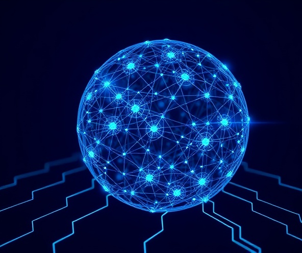 Abstract glowing circuit sphere network visualization