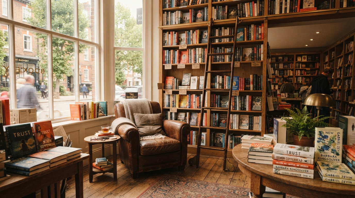 Sunlit reading nook with floor-to-ceiling oak shelves and comfortable armchair