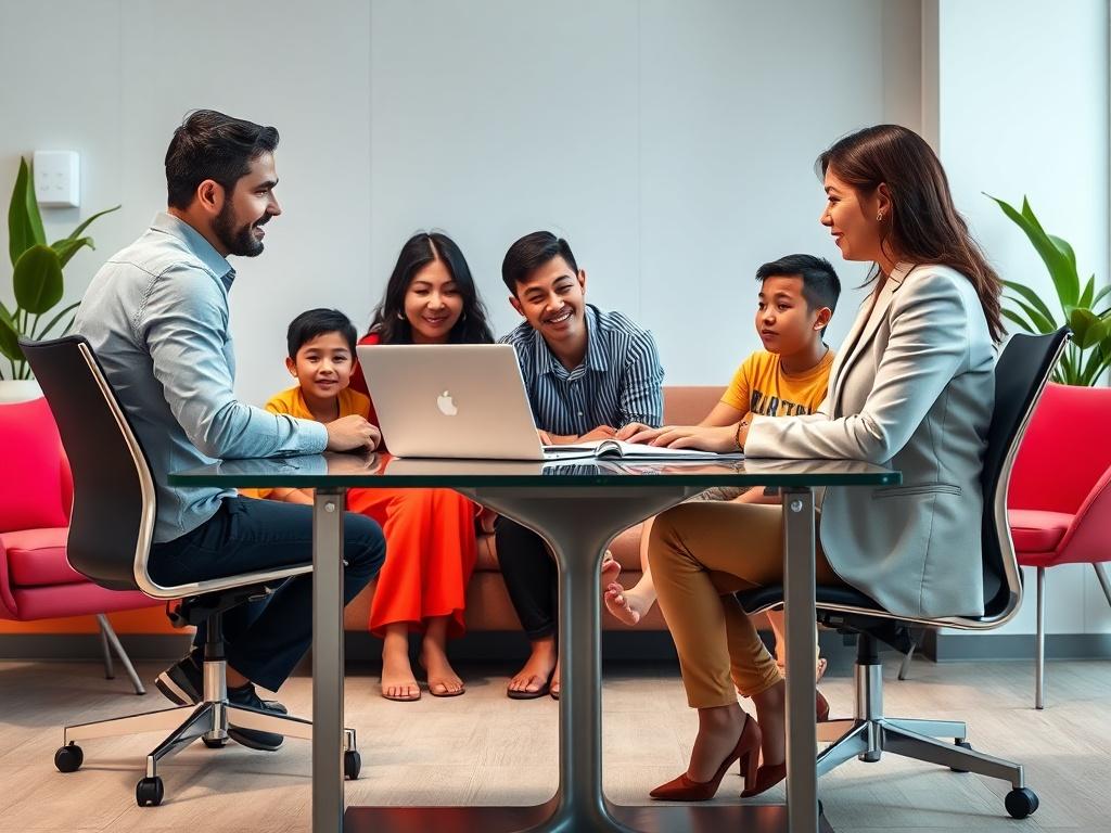 A professional bilingual insurance consultant, Blanca DeLeon, engaged in a friendly discussion with a diverse family in a modern office setting. The consultant is seated at a sleek desk, reviewing health insurance options on a laptop, while the family members actively participate, looking engaged and interested. The background features clean lines and minimalistic decor, with vibrant pops of the primary color rgb(213, 182, 2) subtly integrated into the furnishings. The image should convey a sense of trust, 