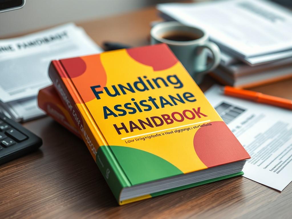 A close-up image of a colorful handbook titled 'Funding Assistance Handbook' placed on a desk. The cover features eye-catching graphics and bold text. The background includes a blurred coffee cup and some paperwork, creating a warm and productive workspace vibe.