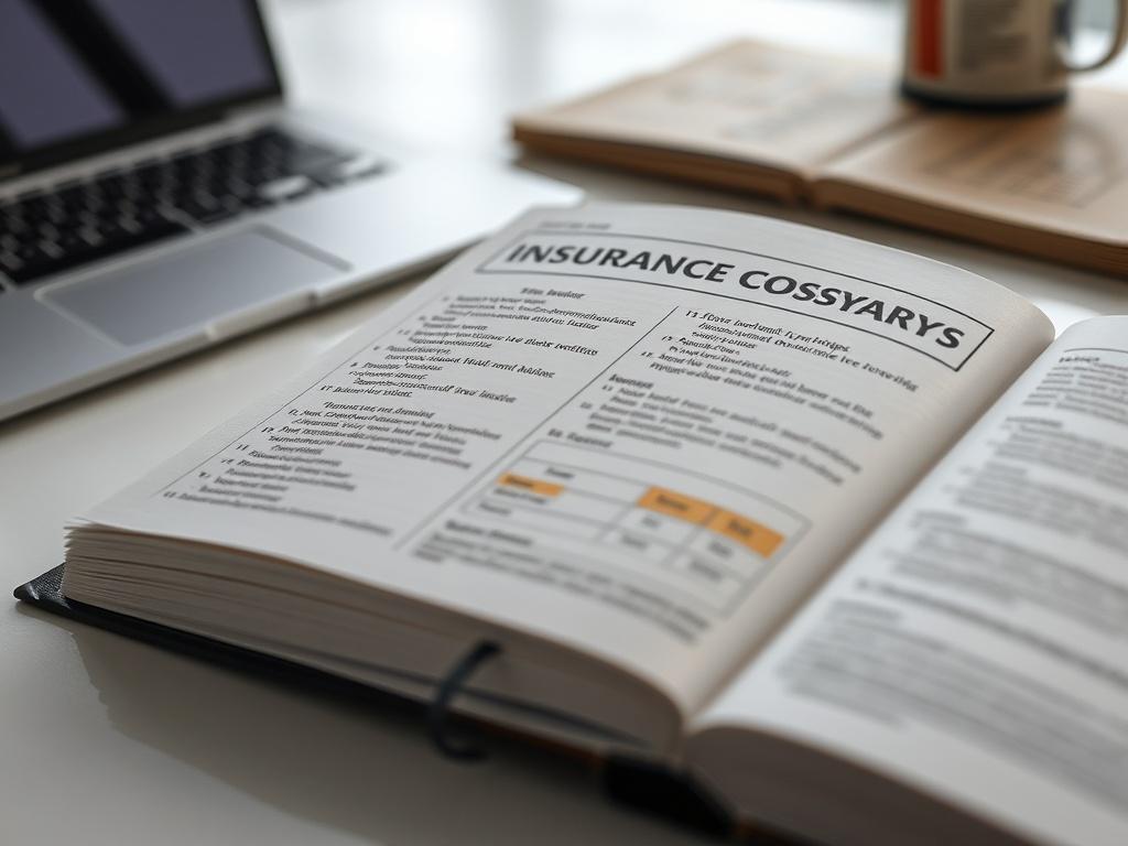 An artistic close-up of a bilingual glossary book on insurance terms, open to a page with highlighted words in both English and Spanish. The setting features a clean desk with a laptop partially visible in the background, suggesting an engaging study environment.