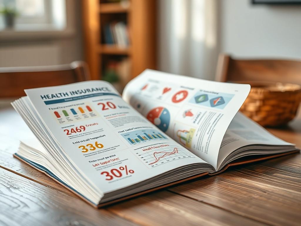 A detailed close-up shot of an open guidebook on health insurance, resting on a wooden table. The page features colorful infographics and illustrations related to health plans. The background is softly blurred, emphasizing the book's content. The image should capture a warm and inviting atmosphere, with natural light illuminating the pages.
