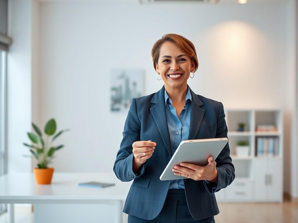 Create a realistic high-resolution photo of a compassionate bilingual insurance broker, a middle-aged Hispanic woman, standing confidently in a well-lit office setting. She is dressed professionally in a tailored suit, with a warm smile, and is holding a tablet displaying health insurance options. The background features a clean, modern desk with a few health-related brochures and a potted plant. The color scheme should incorporate bold vibrant colors, particularly incorporating rgb(213, 182, 2) as accents.