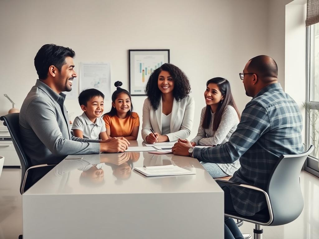 A professional bilingual health insurance broker, Blanca DeLeon, engaged in a consulting session with a diverse family. She is sitting at a sleek, modern desk in a well-lit, minimalistic office space. The background features subtle elements of health insurance, like charts and brochures, while the focus remains on the interaction between Blanca and the family. The overall atmosphere is warm and inviting, showcasing a sense of trust and professionalism. The color scheme incorporates bold vibrant colors, part