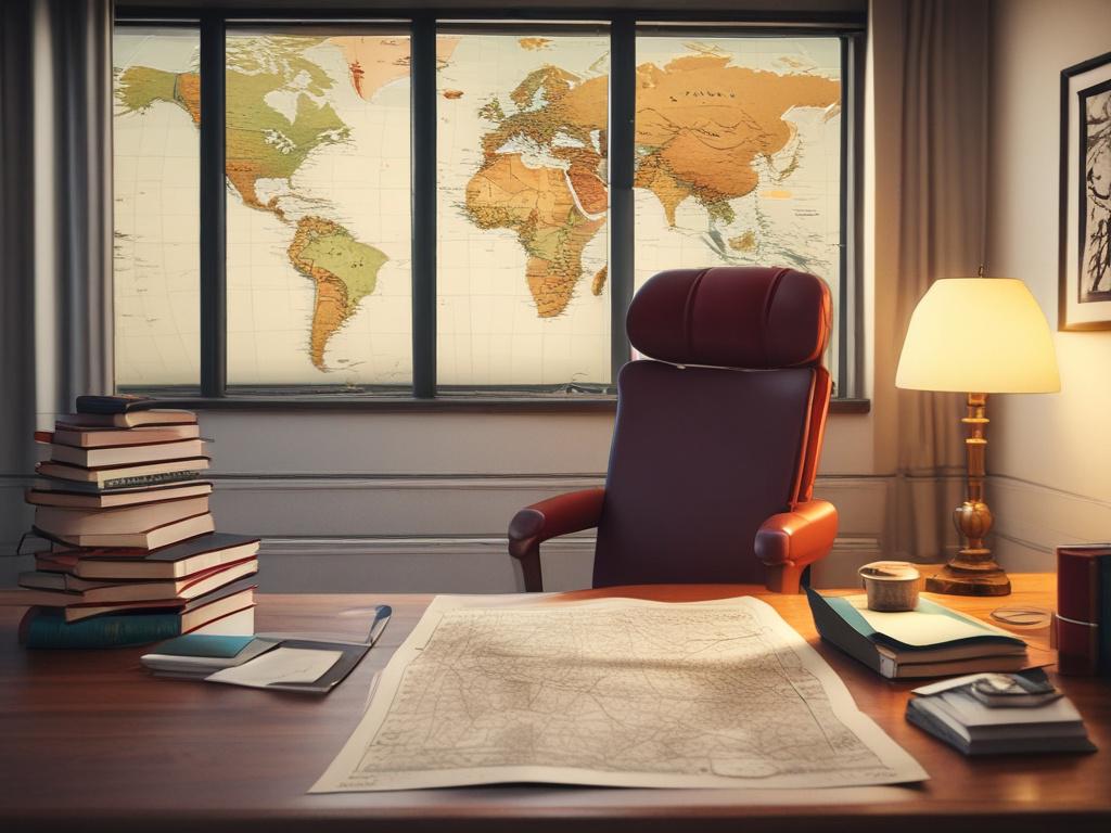 A travel consultant sitting at a desk, surrounded by a