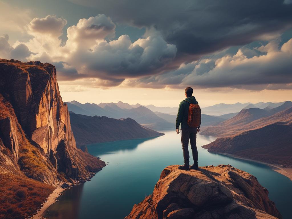 An adventurous person standing at the edge of a cliff,